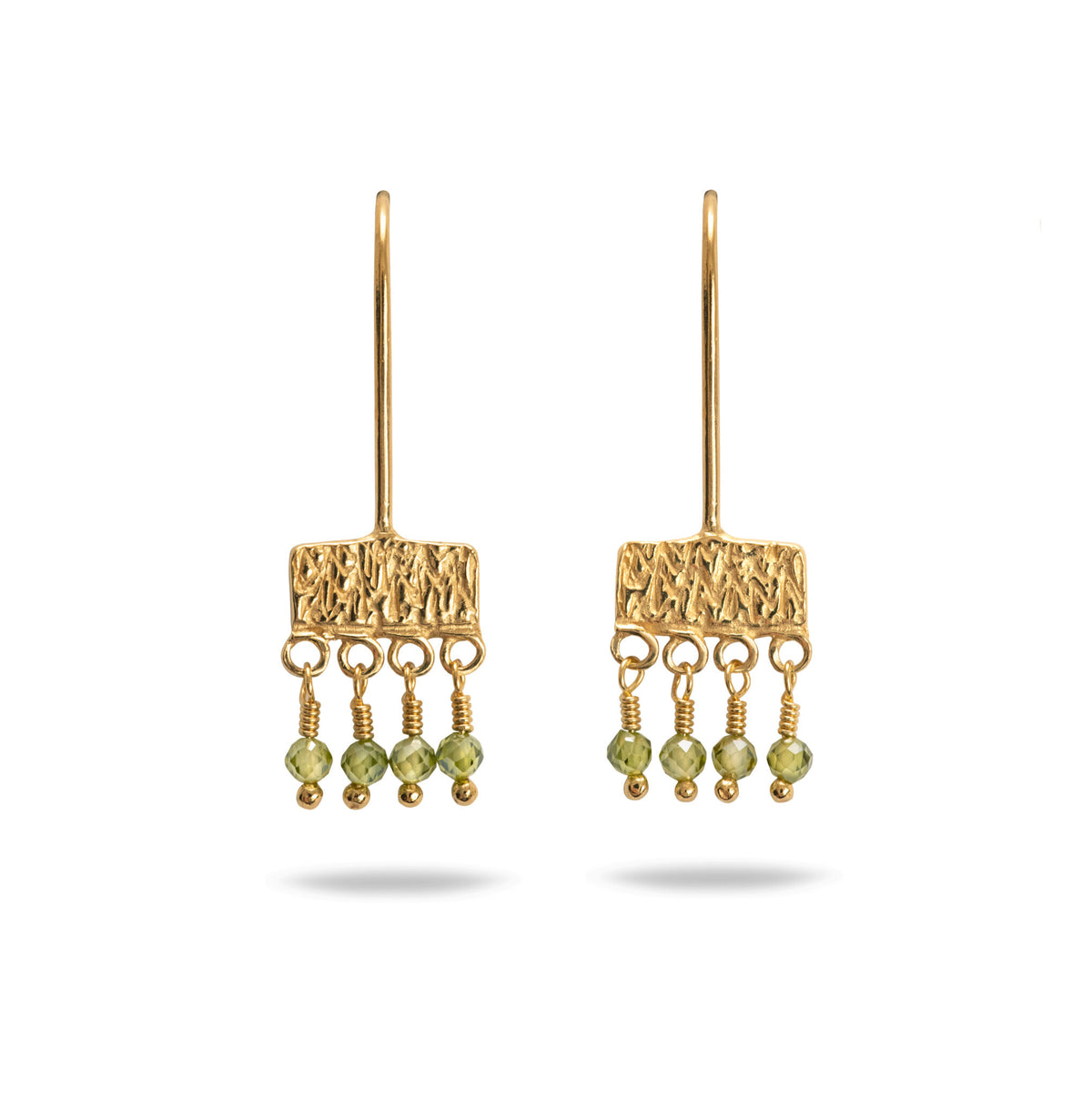 gold stamped hook earrings with green dangly beads