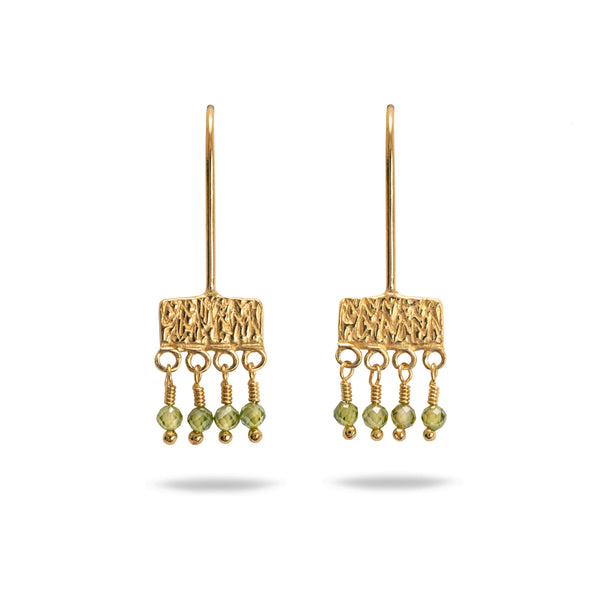 gold stamped hook earrings with green dangly beads