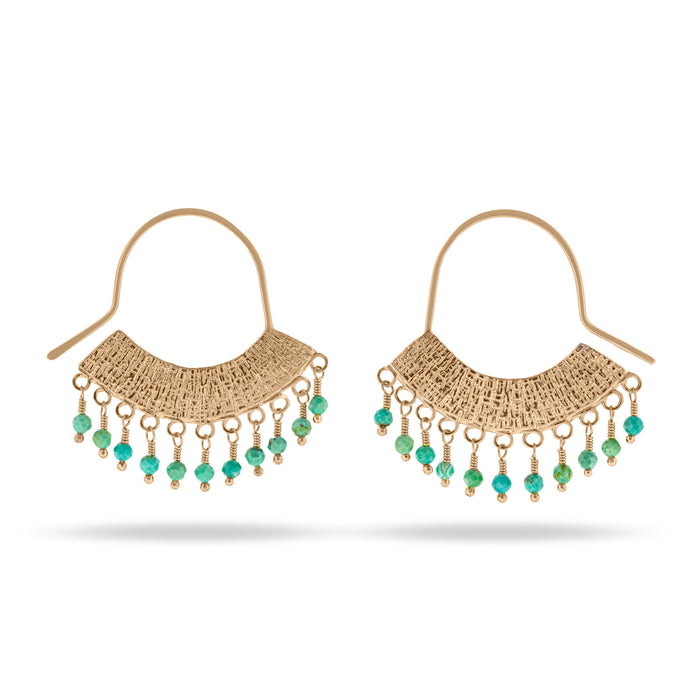 gold stamped arched hook earrings with dangly turquoise beads at IndependentBoutique.com