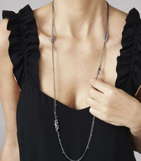 Long Pearl Feather Necklace on model - IndependentBoutique.com