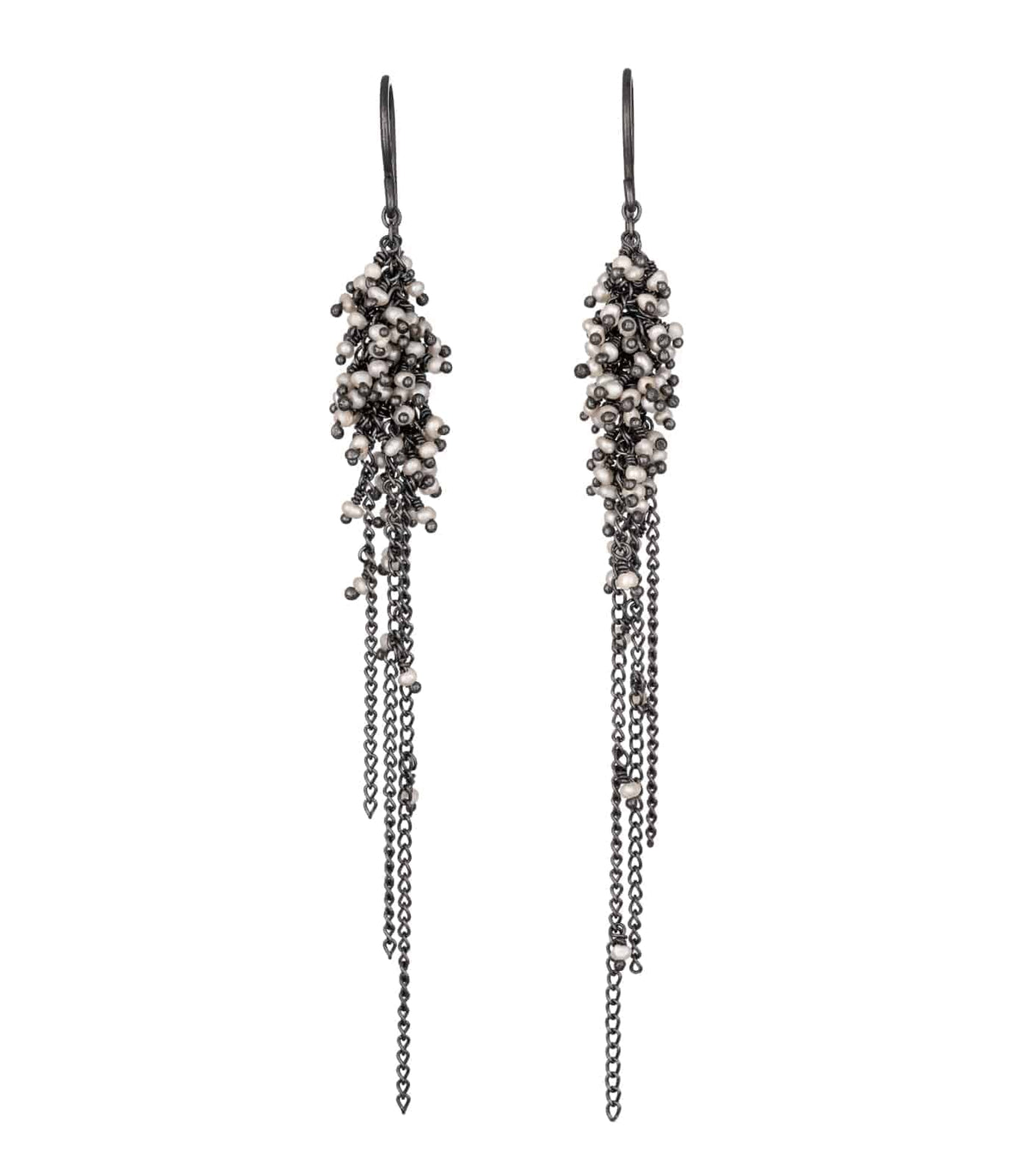 Pearl Feather Earrings Long Oxidised silver