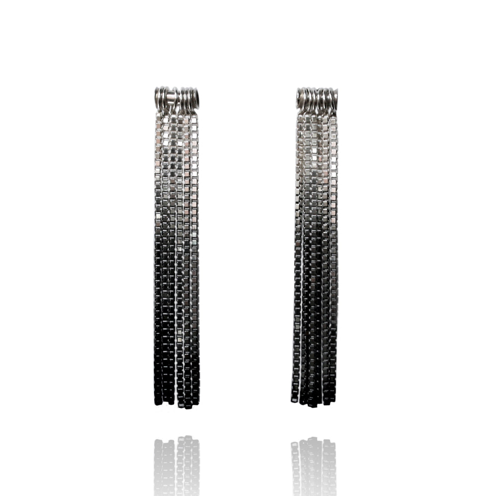 silver dangly chain earrings graduating into oxidised silver