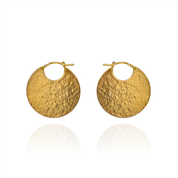 Gold disc hoop textured earrings.