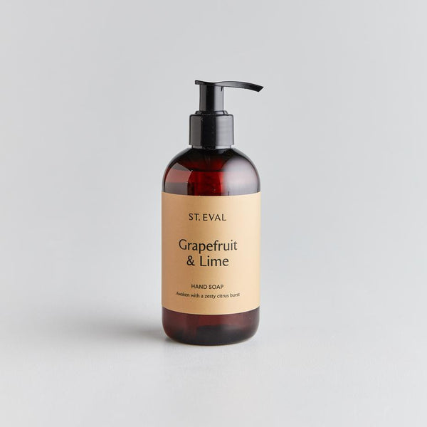 brown plastic bottle with squirt dispenser of liquid hand soap from St Eval in grapefruit and lime