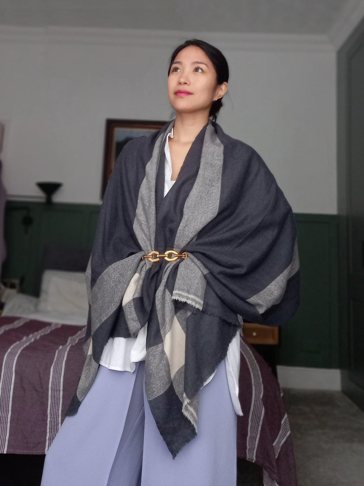 Cashmere Grey Check Travel Wrap on model - IndependentBoutique.com