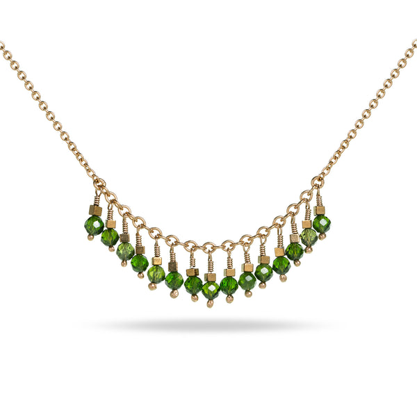 gold necklace with green stone dangly beads and tiny gold square beads at IndependentBoutique.com