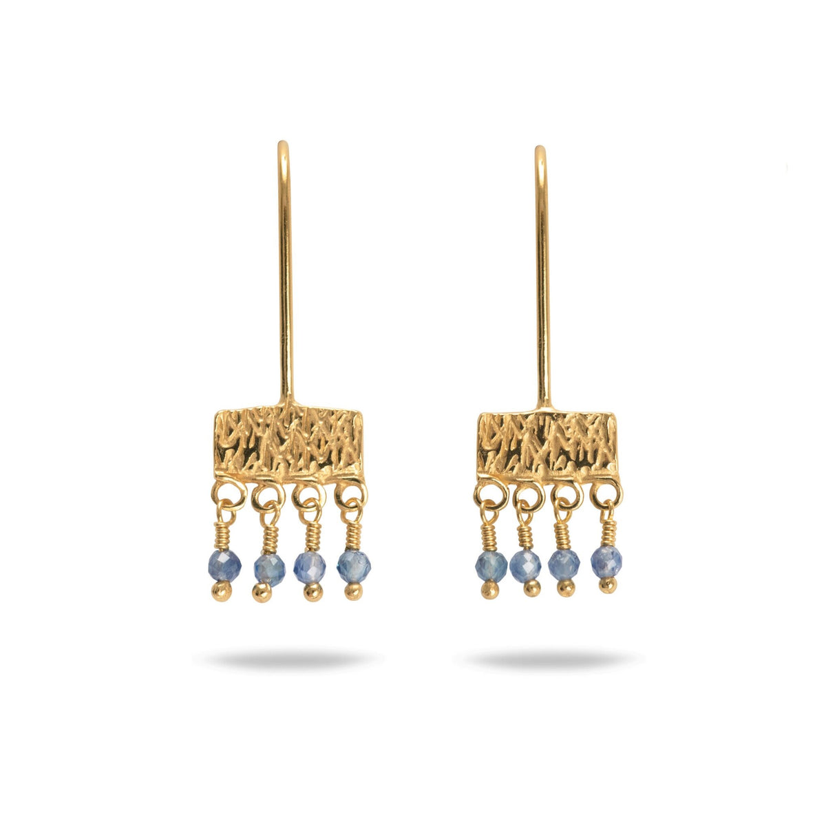 Mim Best Small stamped drop earrings, 14ct Gold vermeil, Sapphire