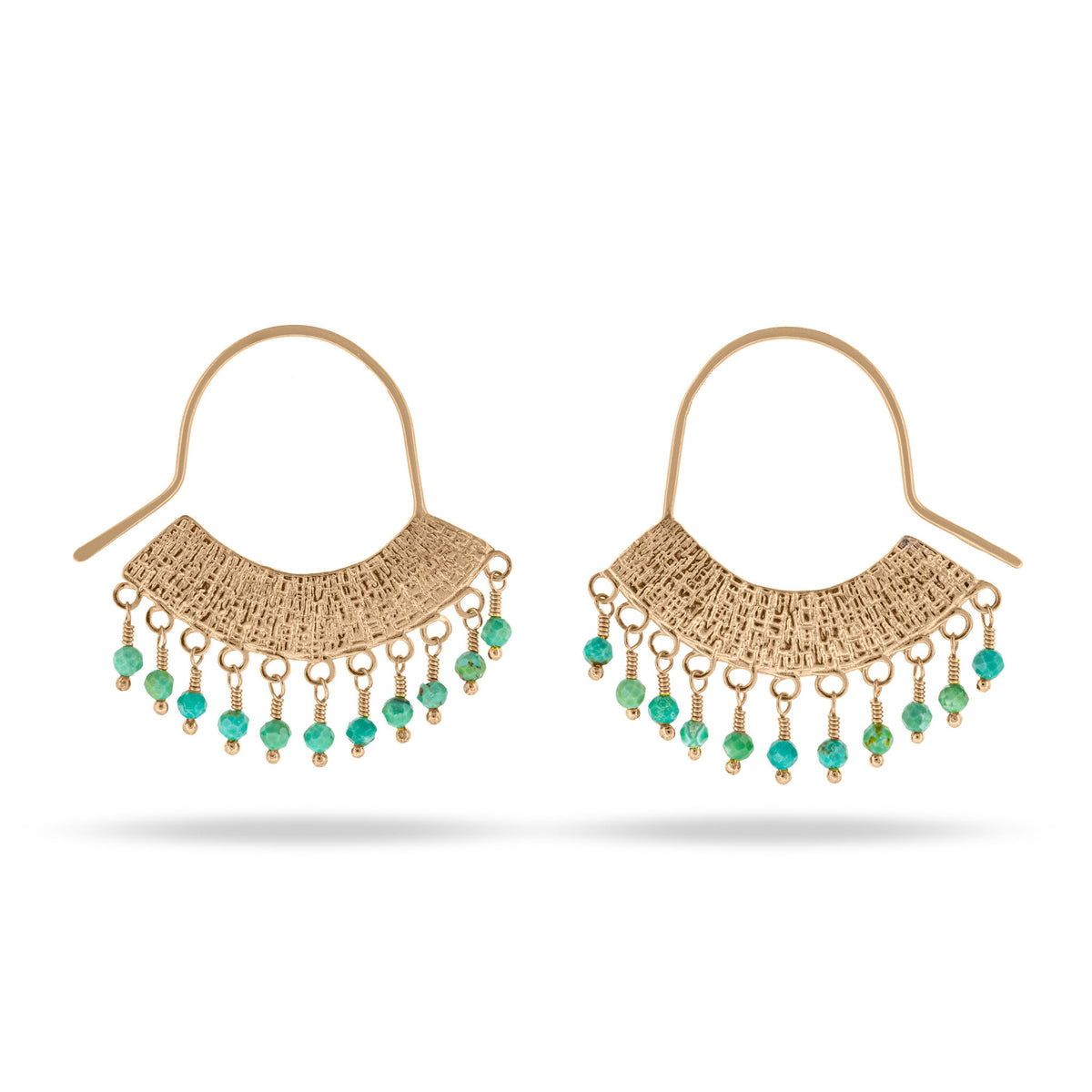 gold stamped arched hook earrings with dangly turquoise beads at IndependentBoutique.com