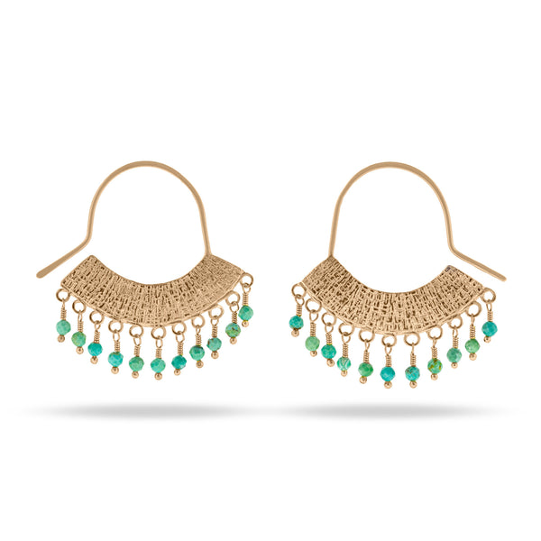 gold stamped arched hook earrings with dangly turquoise beads at IndependentBoutique.com