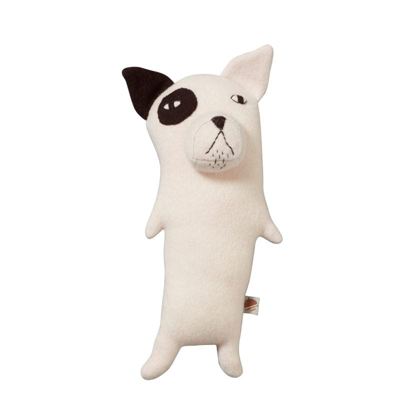 machine knitted toy dog with black eye patch and ear
