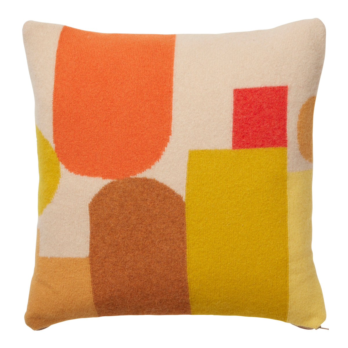 yellow, orange, brown and red geometric knitted cushion by Donna Wilson