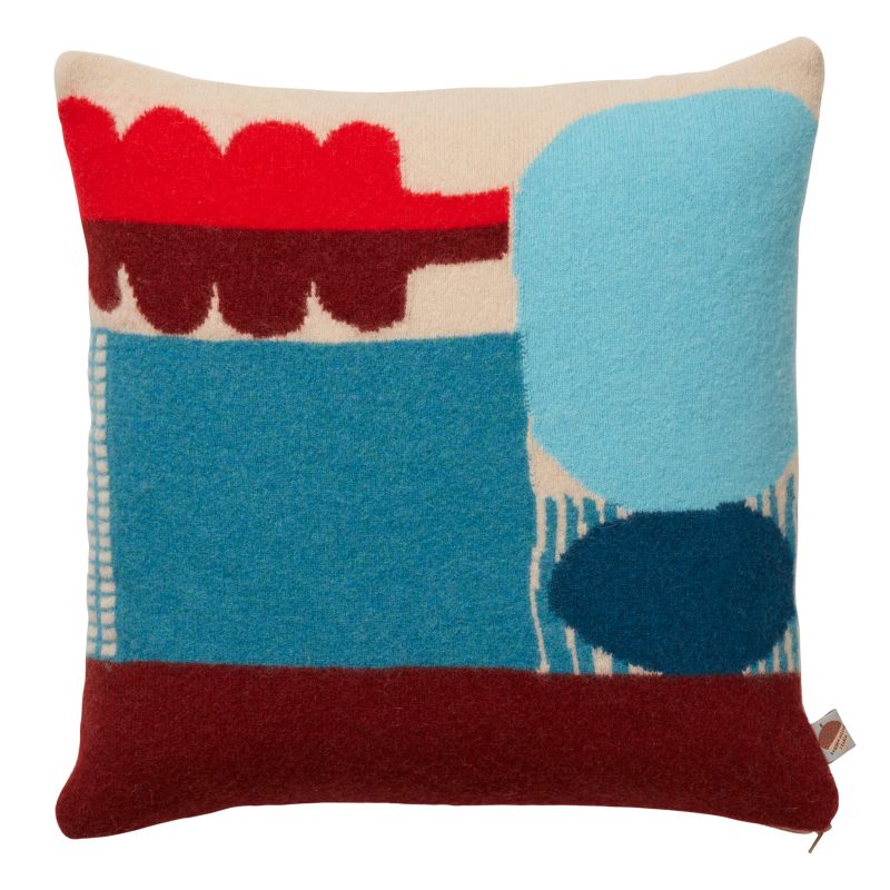 donna wilson abstract knitted cushion in blues and reds
