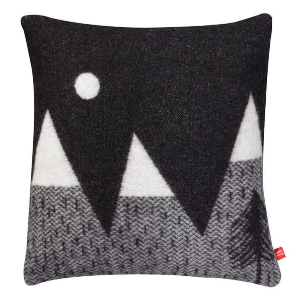 black and white woven cushion with mountain scene from donna wilson
