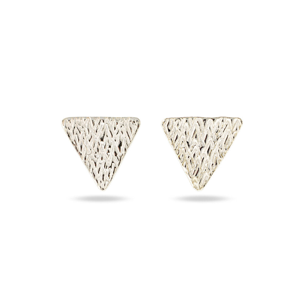 silver embossed flat triangle stud earrings at IndependentBoutique.com