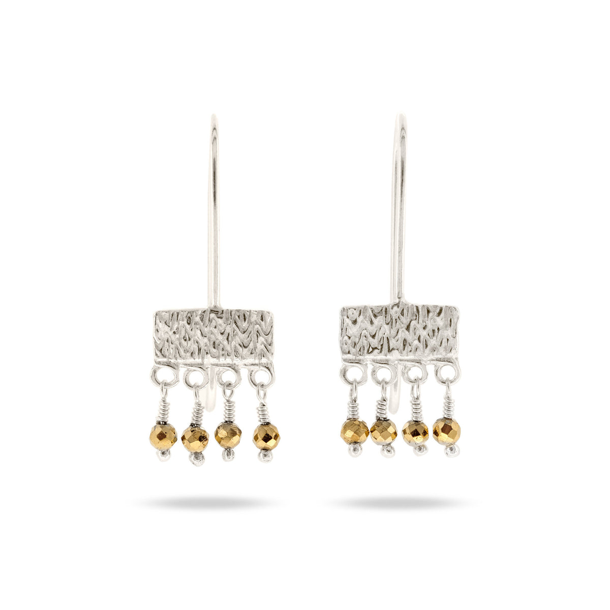 silver embossed hook earrings with dangly gold beads 