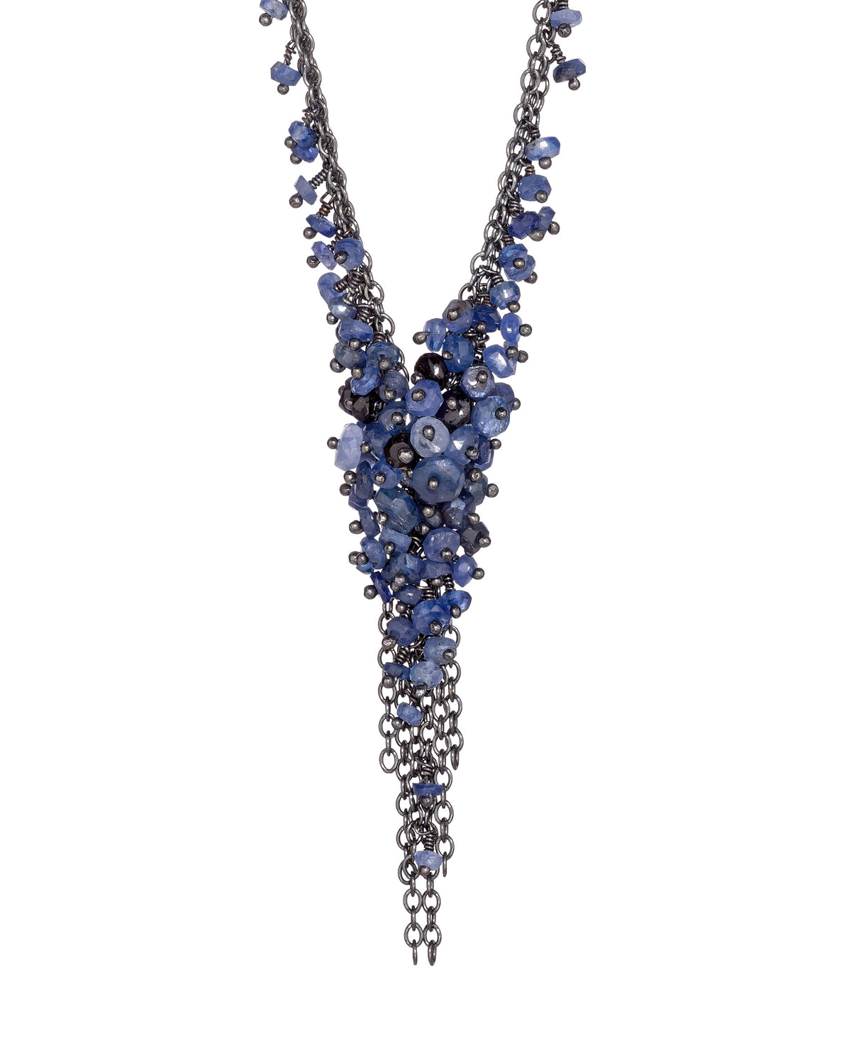 Sapphire and Oxidised Silver ‘V’ Tassel Necklace - IndependentBoutique.com