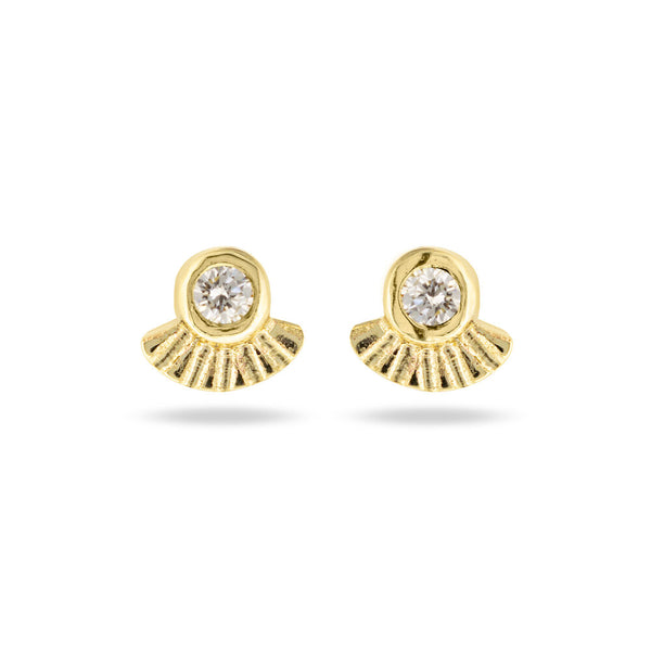 gold stud earrings with diamonds and fan embossed shape underneath