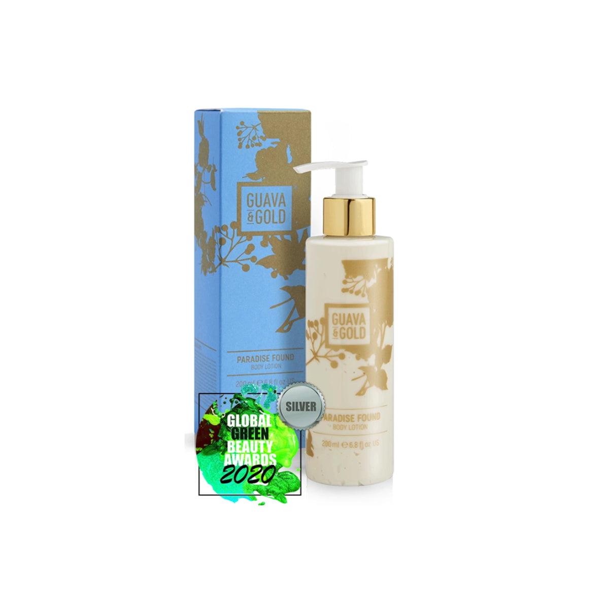 blue and gold printed bottle and box of body lotion by Guava and Gold