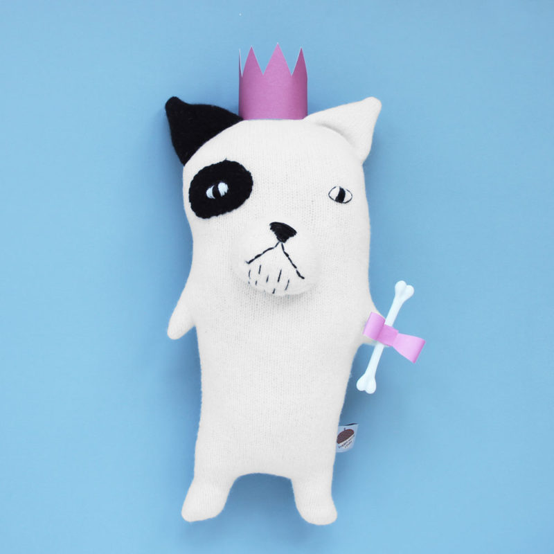 knitted dog toy with crown and bone