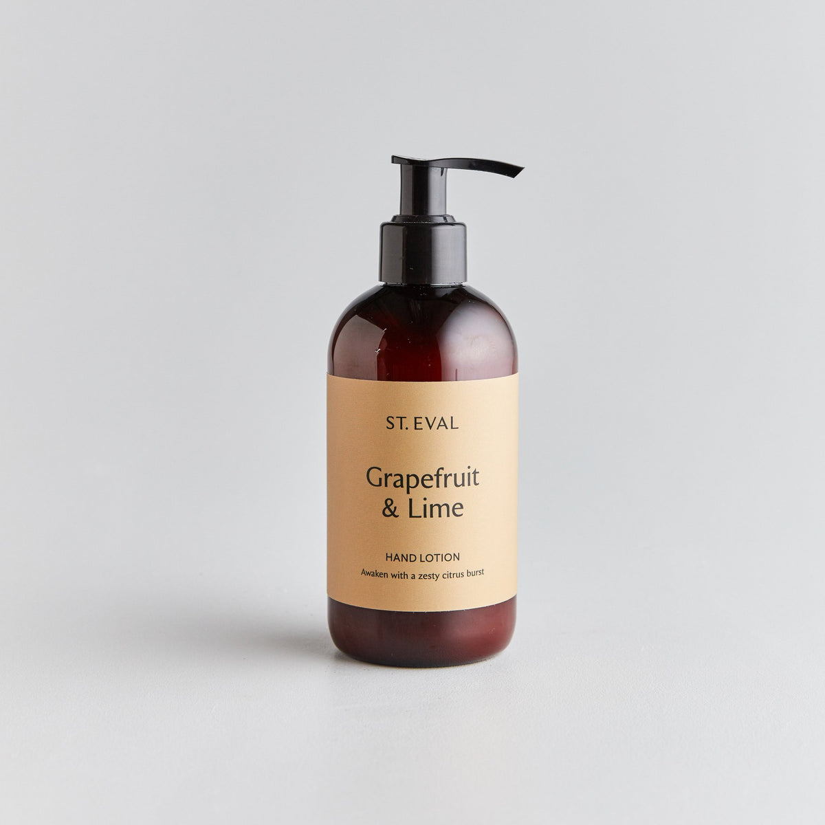 brown plastic bottle with squirt dispenser of hand lotion from St Eval in grapefruit and lime