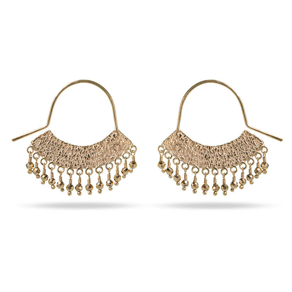 Textured embossed gold dangly earrings with gold beading and long hook shape at IndependentBoutique.com