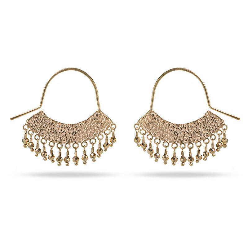 Textured embossed gold dangly earrings with gold beading and long hook shape at IndependentBoutique.com
