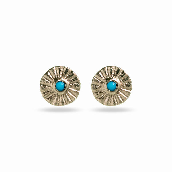 small round gold studs with turquoise stones and stamped lines