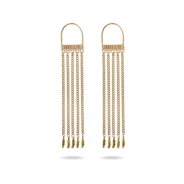 gold long dangly chain arched earrings with square beads at end