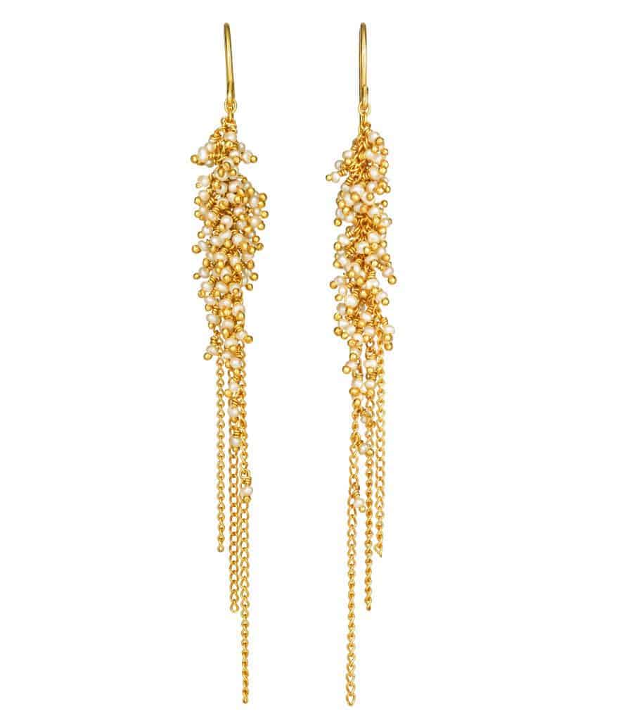 pearl gold long feather earrings