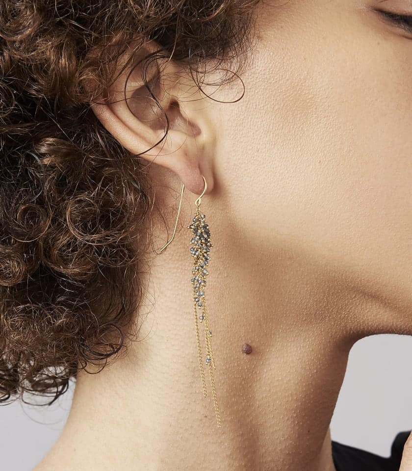 Kate Wood Long Feather Sapphire Tassel Earrings