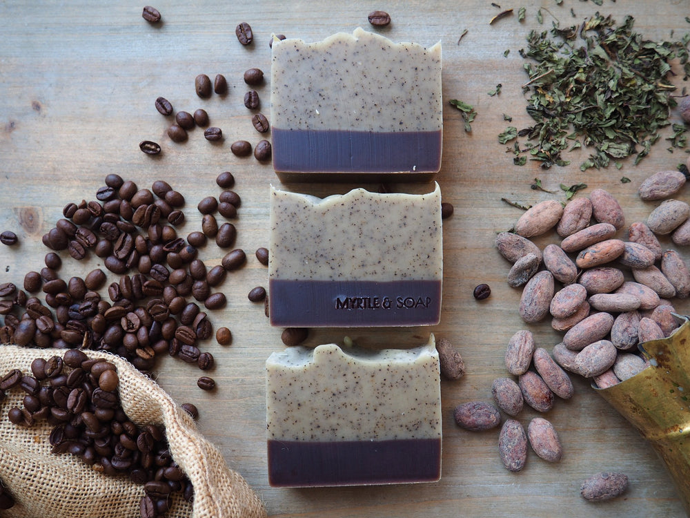 three bars of coffee soap from myrtle & soap
