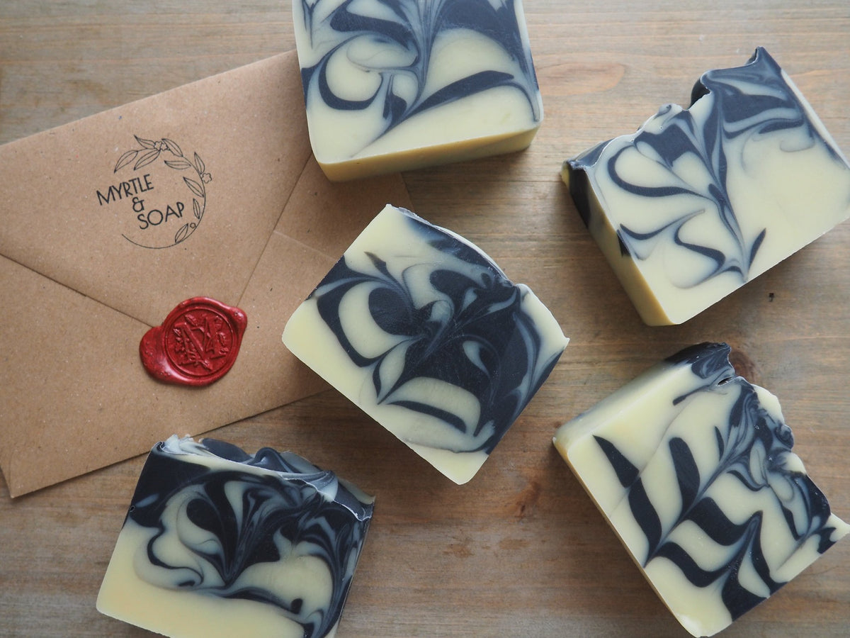 deep dusk navy and cream soap bar from Myrtle & Soap with stamped envelope