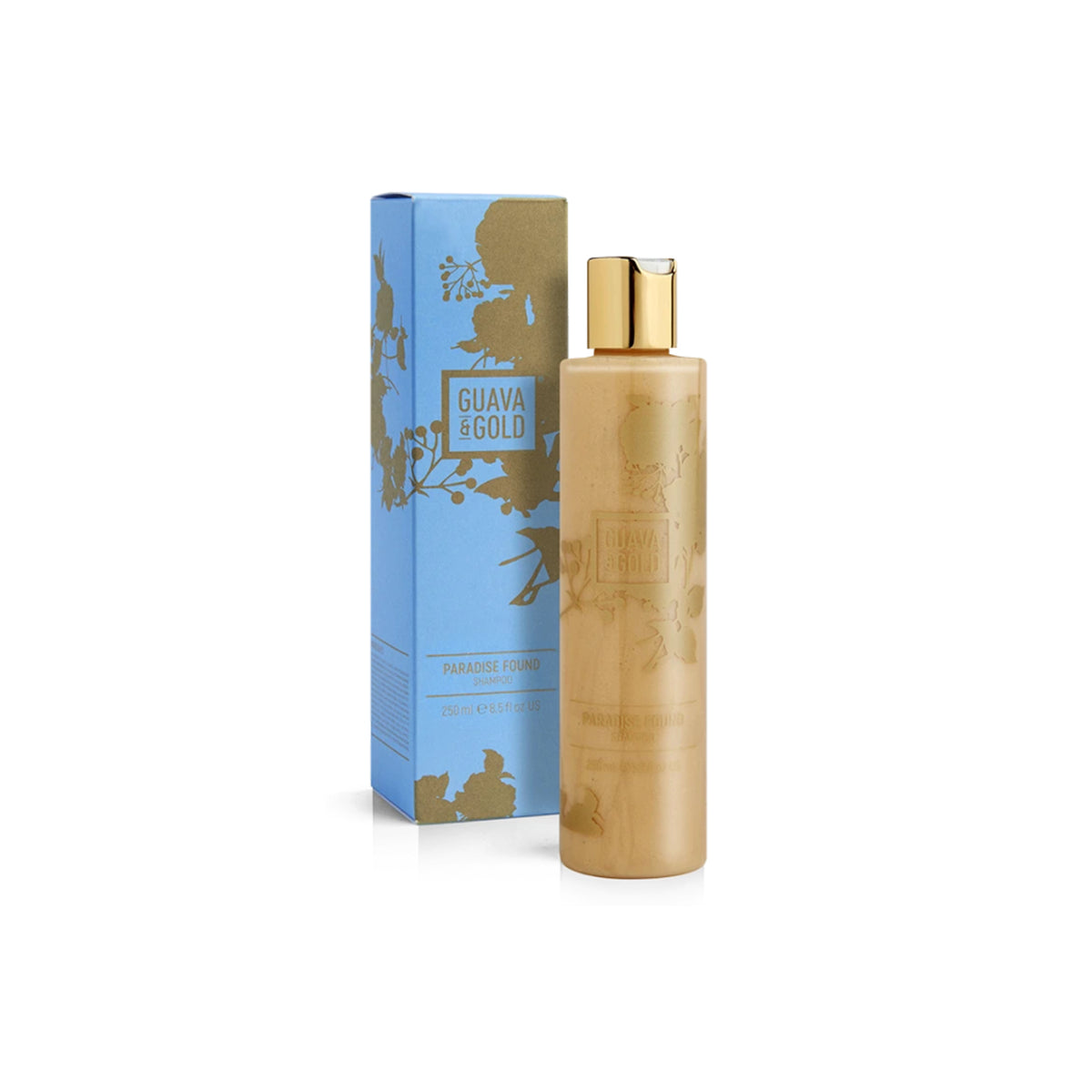 blue and gold printed bottle and box of shampoo by Guava and Gold