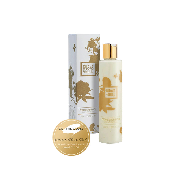 white and gold printed bottle and box of Bath and Shower gel by Guava and Gold