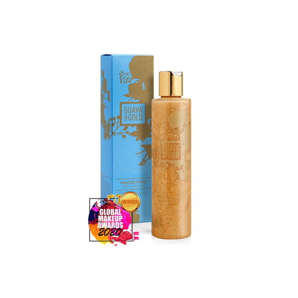 blue and gold printed bottle and box of shower gel by Guava and Gold
