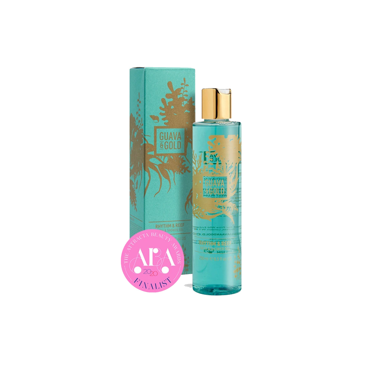 turquoise and gold printed bottle and box of shower gel by Guava and Gold