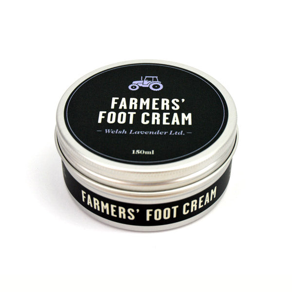 silver tin of foot cream with black label from farmers welsh lavender