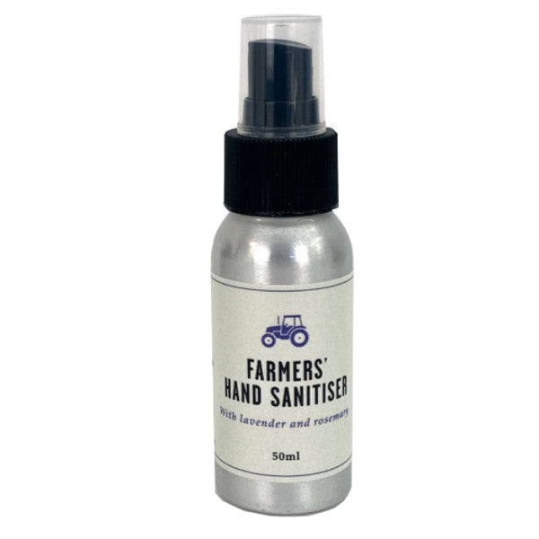 aluminimum bottle with plastic lid of farmers welsh lavender and rosemary hand santiser